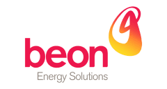 Logo of Beon Energy Solutions featuring the word "beon" in bold red text, accompanied by a stylized flame-like design in yellow and orange. The text "Energy Solutions" appears in smaller black font underneath.