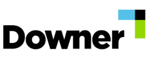 Logo featuring the word "Downer" in bold black letters. To the right, there is a rectangular shape divided into four equal parts: light blue and black on top, white and lime green on the bottom.