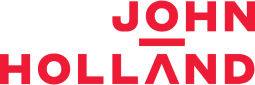 Logo of John Holland featuring the name in bold red uppercase letters. The word "John" is positioned above "Holland," with an underscore beneath "John." The font is modern and clean against a transparent background.