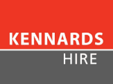 Logo with a red and gray background divided horizontally. The top section is red with "KENNARDS" in white text, and the bottom section is gray with "HIRE" in white text.