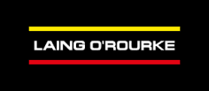 The image shows a logo on a black background. It features the text "LAING O'ROURKE" in white, centered between a yellow line on top and a red line below.