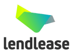 The image shows the Lendlease logo, featuring a stylized geometric shape in gradient colors from lime green to blue-grey, above the word "lendlease" in lowercase black letters.