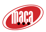 Red oval logo with the word "maca" in lowercase white letters across the center. The design includes a thin white border inside the red oval.