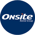 Logo of Onsite Rental Group. The image shows the text "Onsite" in white with a small red triangle above the "i" and "Rental Group" below, all set against a dark blue circle background.