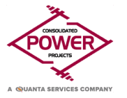 Logo of Consolidated Power Projects, featuring the words "Consolidated Power Projects" inside a red diamond outline, with "A Quanta Services Company" written below.