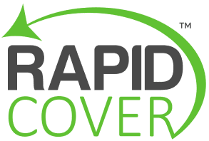 Logo displaying the words "RAPID COVER" with "RAPID" in bold gray and "COVER" in green. A green arrow curves above the text, starting from the letter "R" and ending above the letter "P.